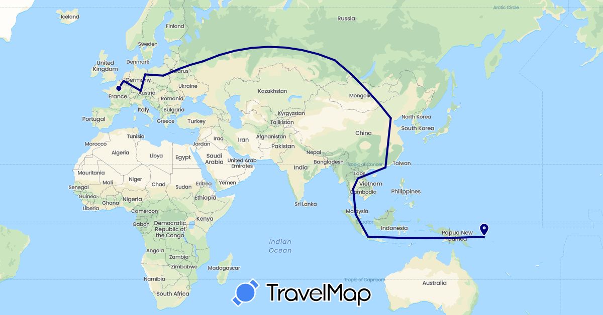 TravelMap itinerary: driving in Belgium, Belarus, China, Germany, France, Indonesia, Laos, Mongolia, Malaysia, Papua New Guinea, Poland, Russia, Thailand (Asia, Europe, Oceania)